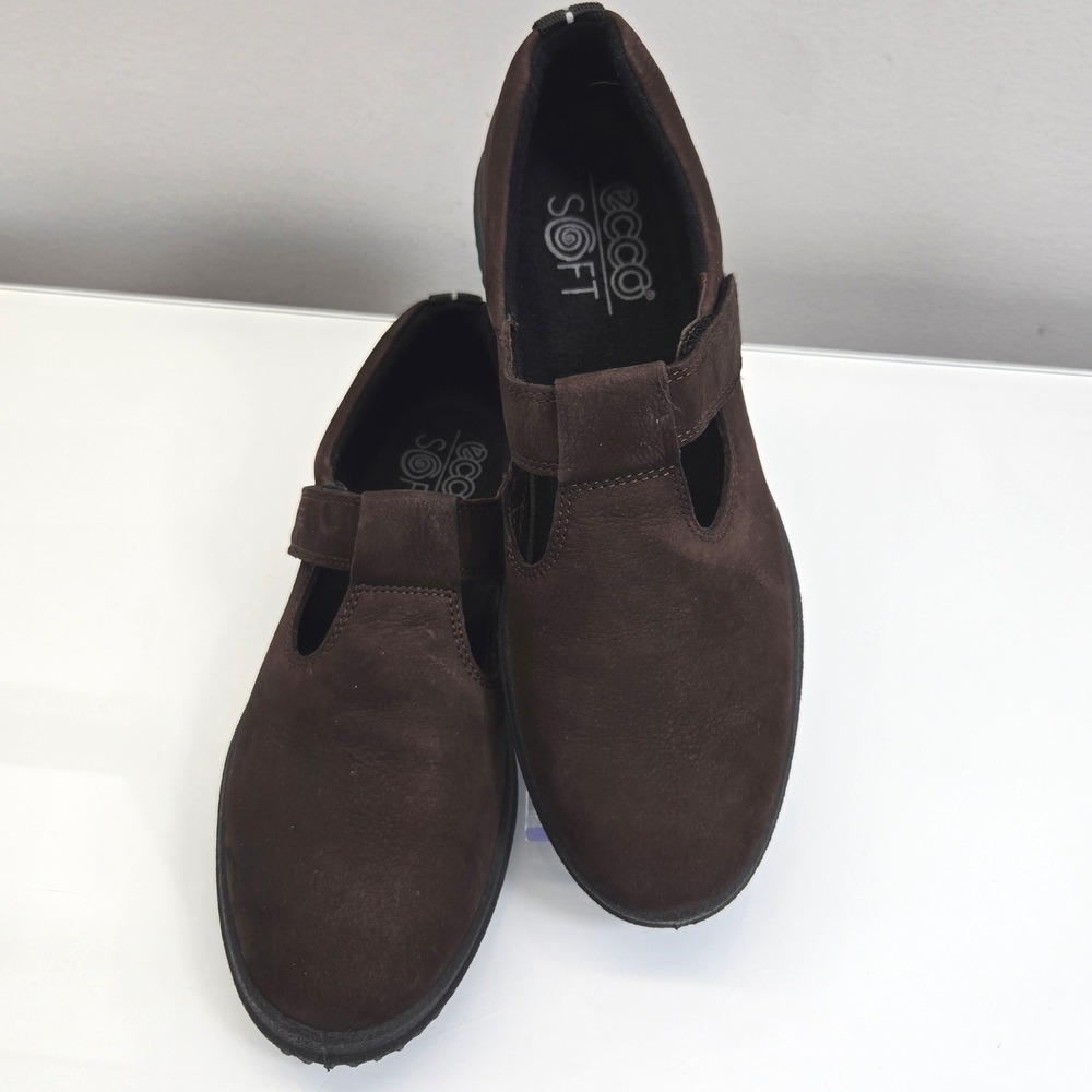 Ecco Soft Mary Jane Flats Shoes Women EU 40 US 9 T Strap Brown Nubuck Leather
